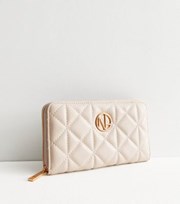 New Look Cream Quilted Leather-Look Large Zip Purse